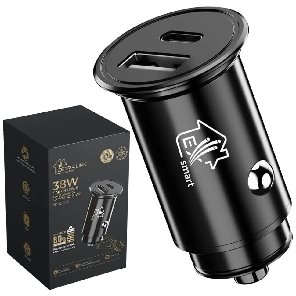 Ładowarka samochodowa Extralink Smart Life, 38 W, czarna