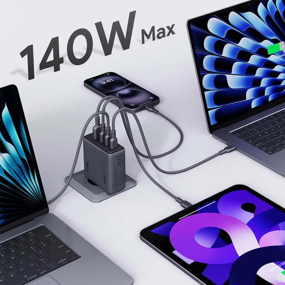 Ładowarka sieciowa Aukey PA-C6 Comet Mix GaN, USB-A i 3 x USB-C, 140 W, szara