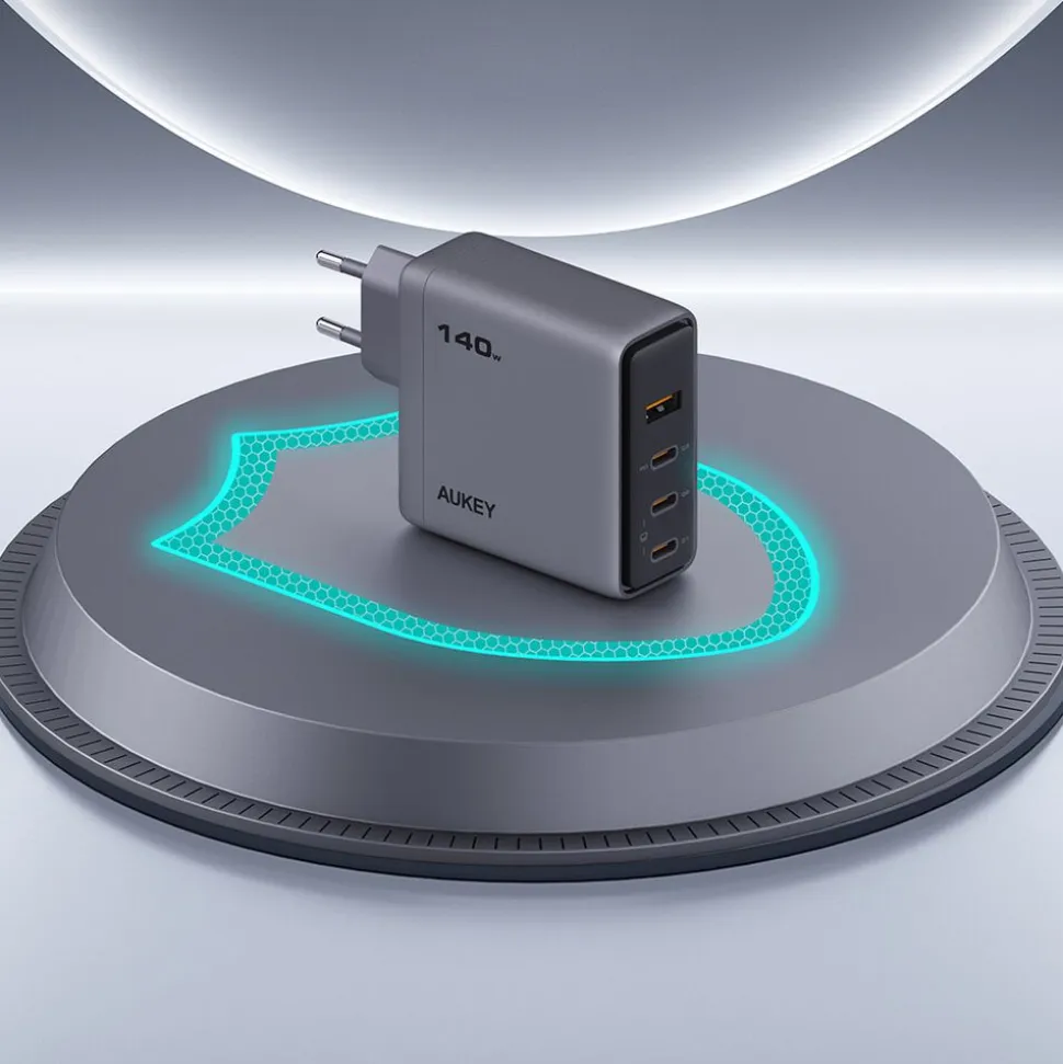 Ładowarka sieciowa Aukey PA-C6 Comet Mix GaN, USB-A i 3 x USB-C, 140 W, szara