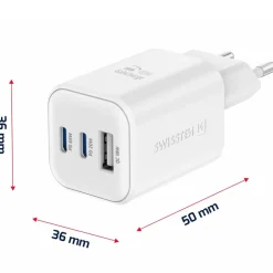 Ładowarka sieciowa Swissten GaN, 2x USB-C PD i 1x USB-A QC, 65 W i 18 W, biała