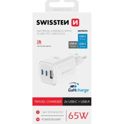 Ładowarka sieciowa Swissten GaN, 2x USB-C PD i 1x USB-A QC, 65 W i 18 W, biała