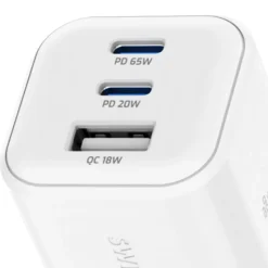 Ładowarka sieciowa Swissten GaN, 2x USB-C PD i 1x USB-A QC, 65 W i 18 W, biała