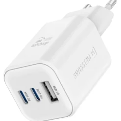 Ładowarka sieciowa Swissten GaN, 2x USB-C PD i 1x USB-A QC, 65 W i 18 W, biała