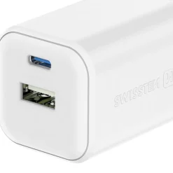 Ładowarka sieciowa Swissten GaN, USB-C PD i USB-A QC, 45 W i 18 W, biała