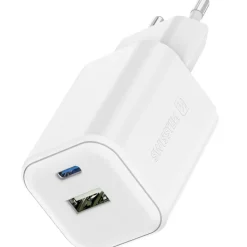 Ładowarka sieciowa Swissten GaN, USB-C PD i USB-A QC, 45 W i 18 W, biała