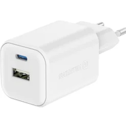 Ładowarka sieciowa Swissten GaN, USB-C PD i USB-A QC, 45 W i 18 W, biała