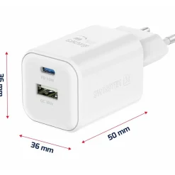 Ładowarka sieciowa Swissten GaN, USB-C PD i USB-A QC, 45 W i 18 W, biała