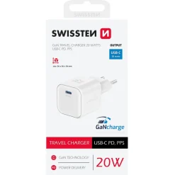 Ładowarka sieciowa Swissten GaN, USB-C PD, 20 W, biała