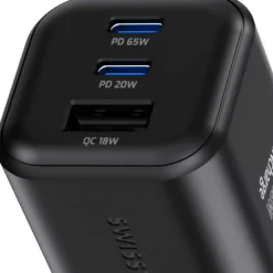 Ładowarka sieciowa Swissten GaN, 2x USB-C PD i 1x USB-A QC, 65 W i 18 W, czarna
