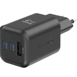 Ładowarka sieciowa Swissten GaN, 2x USB-C PD i 1x USB-A QC, 65 W i 18 W, czarna