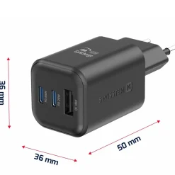 Ładowarka sieciowa Swissten GaN, 2x USB-C PD i 1x USB-A QC, 65 W i 18 W, czarna