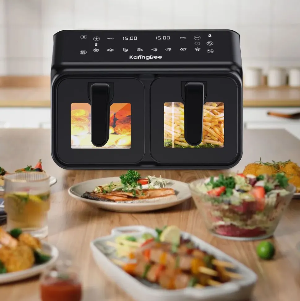 Air Fryer Frytkownica dwukomorowa z okienkiem KaringBee, 2200 W, 2 x 4 l, czarna
