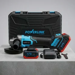Akumulatorowa szlifierka kątowa z silnikiem bezszczotkowym Powerlink, 20 V, 8500 obr./min, 2x akumulator 4 Ah i walizka