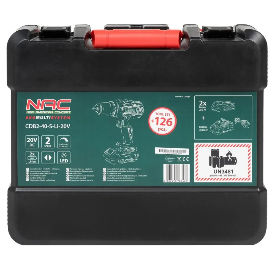 Akumulatorowa wiertarko-wkrętarka NAC, 20 V, 2 x akumulator 2 Ah, z akcesoriami i walizką