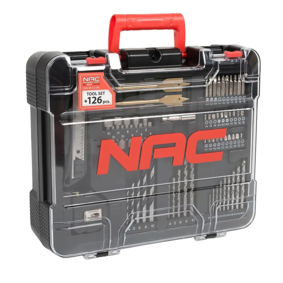 Akumulatorowa wiertarko-wkrętarka NAC, 20 V, 2 x akumulator 2 Ah, z akcesoriami i walizką