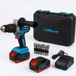 Akumulatorowa wiertarko-wkrętarka udarowa z silnikiem bezszczotkowym Powerlink, 20 V, 120 Nm, 13 mm, 2x akumulator 4 Ah, z akcesoriami