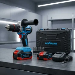 Akumulatorowa wiertarko-wkrętarka udarowa z silnikiem bezszczotkowym Powerlink, 20 V, 120 Nm, 13 mm, 2x akumulator 4 Ah, z akcesoriami