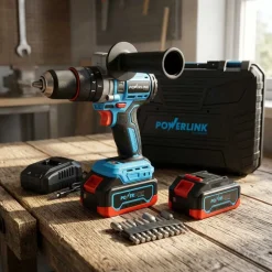 Akumulatorowa wiertarko-wkrętarka udarowa z silnikiem bezszczotkowym Powerlink, 20 V, 120 Nm, 13 mm, 2x akumulator 4 Ah, z akcesoriami