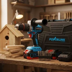 Akumulatorowa wiertarko-wkrętarka udarowa z silnikiem bezszczotkowym Powerlink, 20 V, 120 Nm, 13 mm, 2x akumulator 4 Ah, z akcesoriami