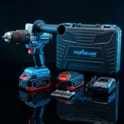 Akumulatorowa wiertarko-wkrętarka udarowa z silnikiem bezszczotkowym Powerlink, 20 V, 120 Nm, 13 mm, 2x akumulator 4 Ah, z akcesoriami