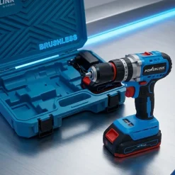 Akumulatorowa wiertarko-wkrętarka udarowa z silnikiem bezszczotkowym Powerlink, 20 V, 50 Nm, 13 mm, 2x akumulator 1,5 Ah i walizka