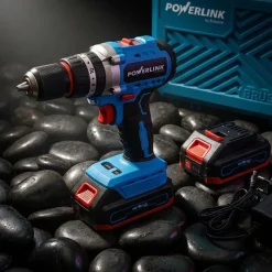 Akumulatorowa wiertarko-wkrętarka udarowa z silnikiem bezszczotkowym Powerlink, 20 V, 50 Nm, 13 mm, 2x akumulator 1,5 Ah i walizka