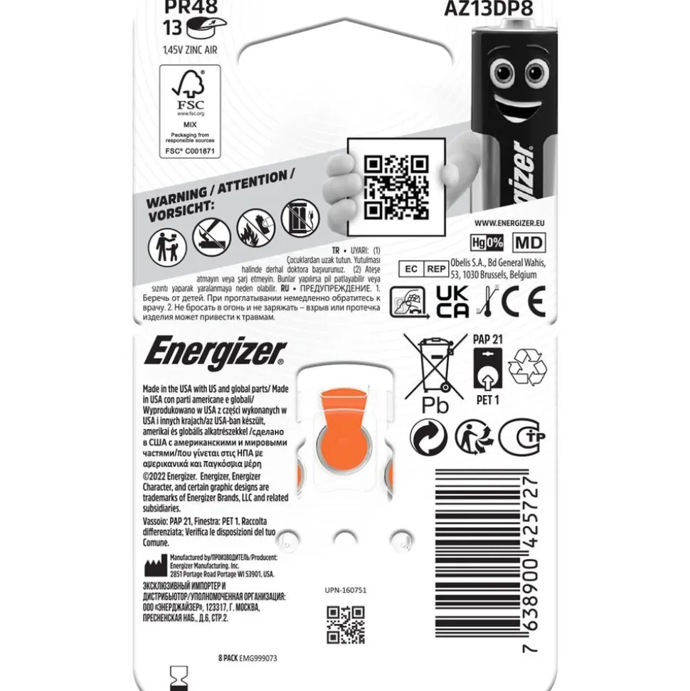 Baterie do aparatów słuchowych Energizer, 8 szt., rozmiar 13