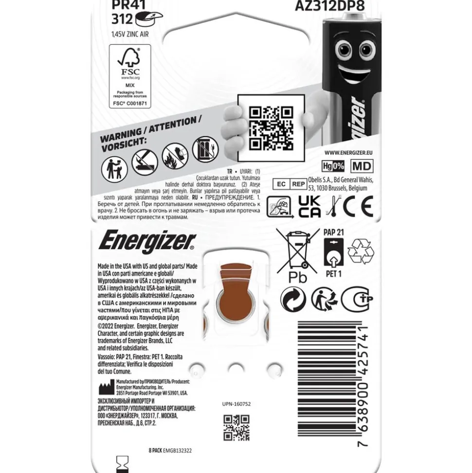 Baterie do aparatów słuchowych Energizer, 8 szt., rozmiar 312