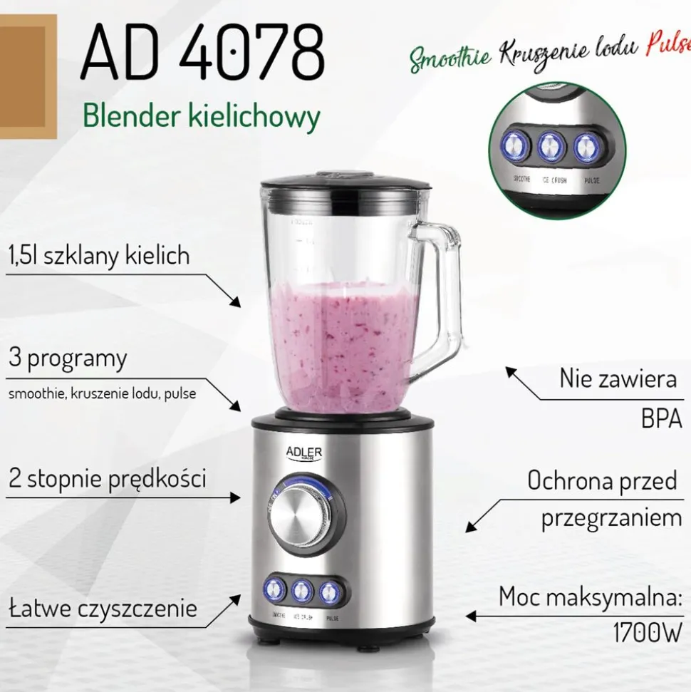 Blender kielichowy Adler AD 4078, 800 W, 1,5 l, kruszenie lodu