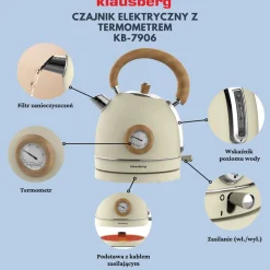 Czajnik elektryczny Klausberg, 1,8 l, 1850-2200 W, z termometrem