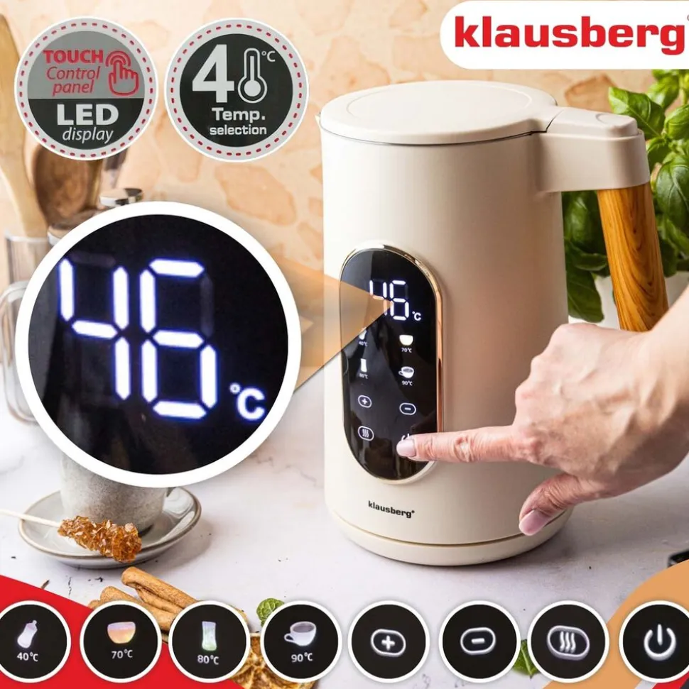 Czajnik elektryczny stalowy Klausberg, 1,7 l, 1850-2200 W, z regulacją temperatury