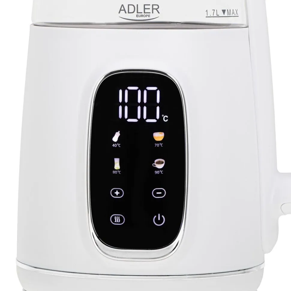 Czajnik elektryczny szklany Adler AD 1305, 1,7 l, 1850 W, z regulacją temperatury i wyświetlaczem LED, biały