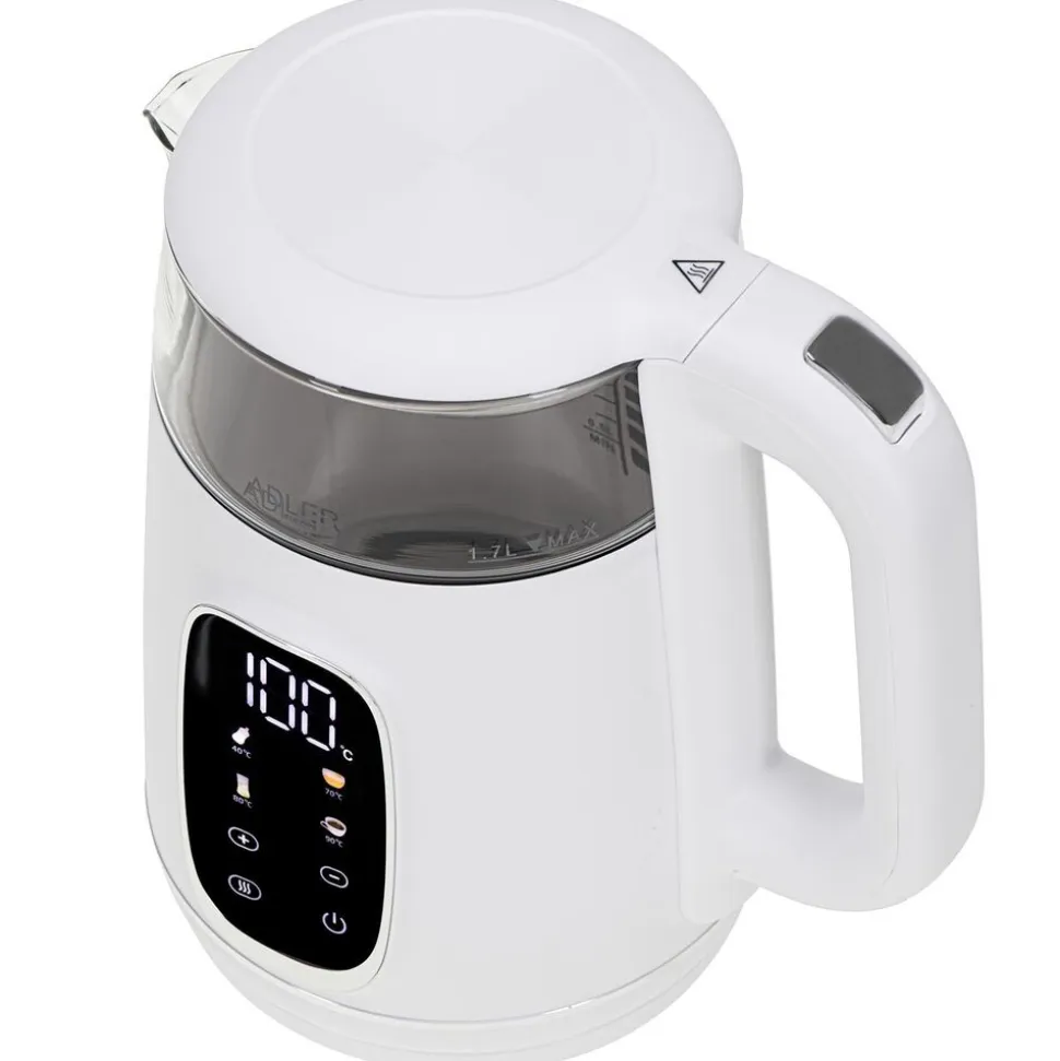 Czajnik elektryczny szklany Adler AD 1305, 1,7 l, 1850 W, z regulacją temperatury i wyświetlaczem LED, biały