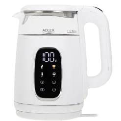 Czajnik elektryczny szklany Adler AD 1305, 1,7 l, 1850 W, z regulacją temperatury i wyświetlaczem LED, biały