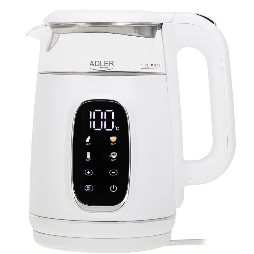 Czajnik elektryczny szklany Adler AD 1305, 1,7 l, 1850 W, z regulacją temperatury i wyświetlaczem LED, biały