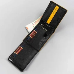 Czarny, ażurowy portfel męski Peterson, żółty rant, 9,5 x 12 x 2 cm
