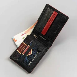 Czarny, ażurowy portfel męski Peterson, czerwony rant, 9,5 x 12 x 2 cm