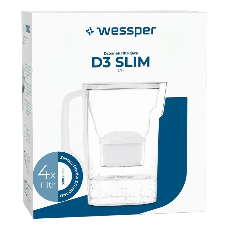 Dzbanek filtrujący Wessper D3 Slim, 2,7 l, 4 filtry, biały