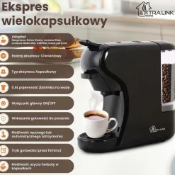 Ekspres wielokapsułkowy Extralink Home, 5 wkładów na kapsułki i wkład na kawę mieloną, czarny
