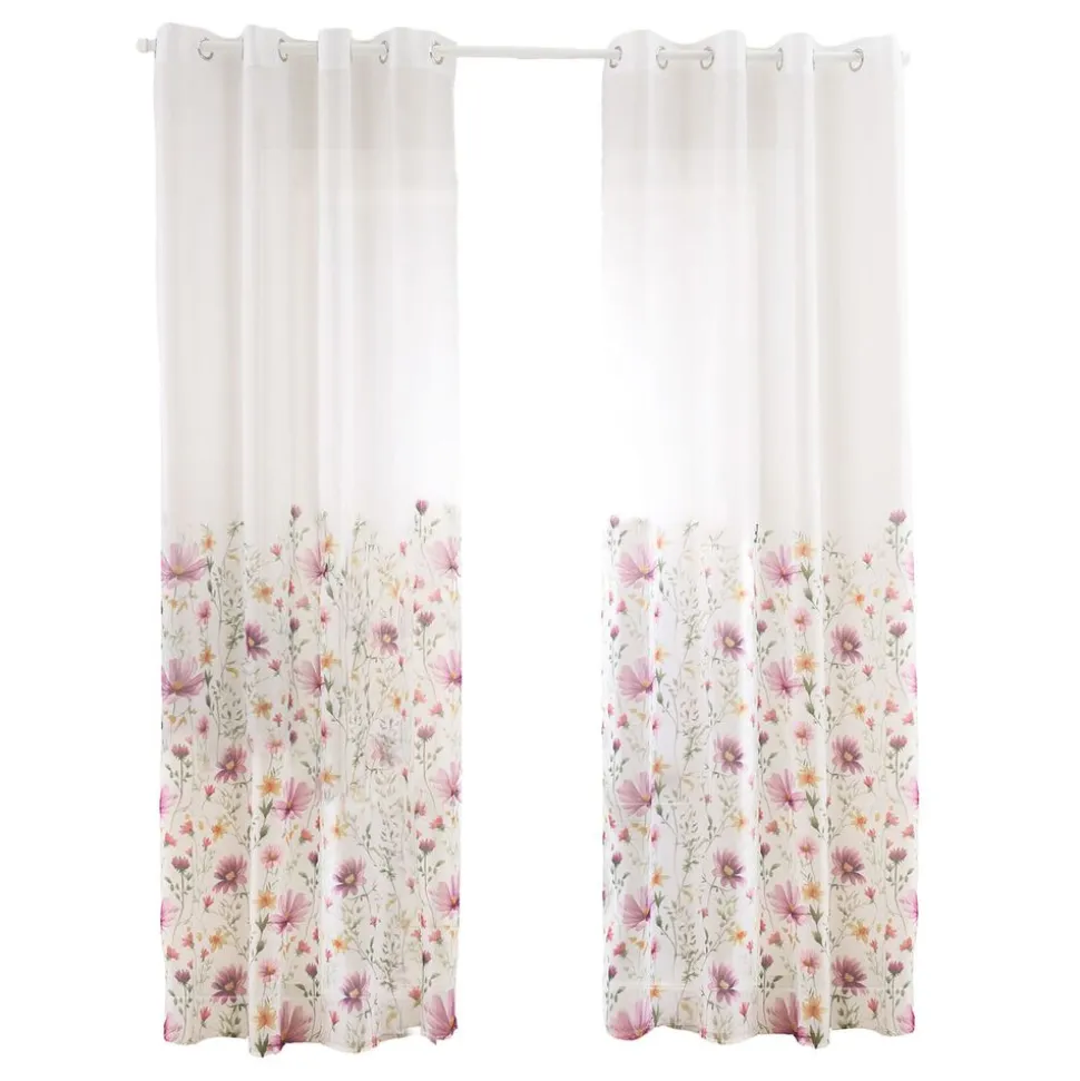 Firany na przelotkach 137 x 250 cm Smukee Home, 2 szt., z nadrukiem, różowe kwiaty