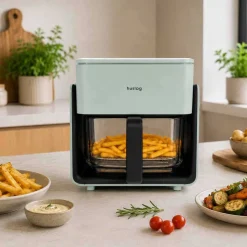 Frytkownica beztłuszczowa szklana Huslog Crystal Steam, 1300 W, 4,2 l, z funkcją pary, zielona