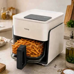 Frytkownica beztłuszczowa szklana Huslog Crystal Steam, 1300 W, 4,2 l, z funkcją pary, kremowa