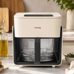 Frytkownica beztłuszczowa szklana Huslog Crystal Steam, 1300 W, 4,2 l, z funkcją pary, kremowa
