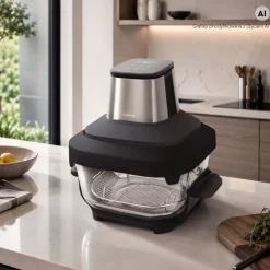Frytkownica beztłuszczowa szklana Huslog, 1550 W, 1,35 l, 3,7 l, czarna
