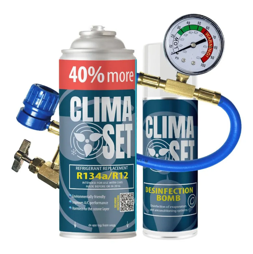 Gaz do klimatyzacji ClimaSet R134a 626 g, z przewodem z manometrem i odświeżaczem do klimatyzacji