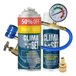 Gaz do klimatyzacji ClimaSet 3w1 R1234yf 470g, z przewodem z manometrem, adapterem R1234yf i odświeżaczem do klimatyzacji