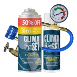 Gaz do klimatyzacji ClimaSet 3w1 R134a 626g, z przewodem z manometrem i odświeżaczem do klimatyzacji
