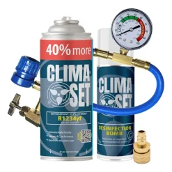 Gaz do klimatyzacji ClimaSet R1234yf 470 g, z przewodem z manometrem, adapterem R1234yf i odświeżaczem do klimatyzacji