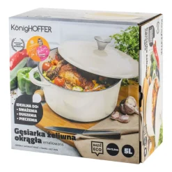 Gęsiarka żeliwna emaliowana Konighoffer 5 l, 25 x 12,3 cm, okrągła, kremowa