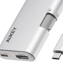Hub USB-C adapter 3 w 1 Aukey UH-CUH01 TravelDok, srebrny